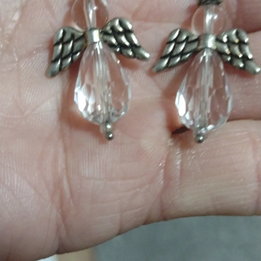 VINTAGE CRYSTAL ANGEL SILVER-TONE DROP DANGLE PUSH-BACK 1.9